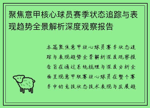 聚焦意甲核心球员赛季状态追踪与表现趋势全景解析深度观察报告 聚焦意甲核心球员赛季状态追踪与表现趋势全景解析深度观察报告